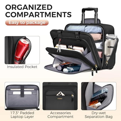 Ytonet Rolling Laptop Bag Women, 17.3 Inch Laptop Briefcase with Large Cup Holder, Carry On Luggage with Insulated & Waterproof Pocket, Roller Bag with Lock, Teacher Bag for Work Travel,Black - color: Black