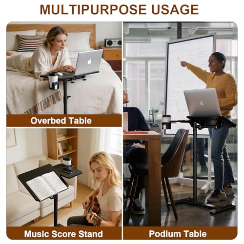 Aothia Small Standing Desk Rolling Table Adjustable Height, Laptop Mobile Stand with Wheels, Overbed Table, Portable Computer Workstation with Tiltable Desktop for Teacher Classroom Home Office, Black - color: Black