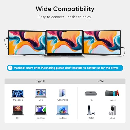 Dopesplay Laptop Screen Extender, 14" Triple Portable Monitor for Laptop, FHD 1200P IPS Screen Extender Monitors for 14"-17.3" Carry a USB flash drive，Plug & Play Compatible with Windows, Mac, Android - size: 14.1inch