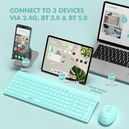 Teal Wireless Keyboard and Mouse Combo for Desktop Mac iPad Bluetooth 2.4 Ghz Rechargeable Slim Silent Click with Number Pad Compatible with Pc, Laptop, Tablet (Green) - color: Teal