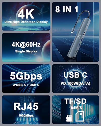 Laptop USB C Hub, 8-in-1 Docking Station, 1000Mbps Ethernet, HDMI 4K60Hz, 2 USB 3.0 + 2 USB-C Ports Adapter, PD 100W MAX Charging(Data), SD/TF Card Reader for MacBook Pro/Dell XPS/HP/Lenovo etc