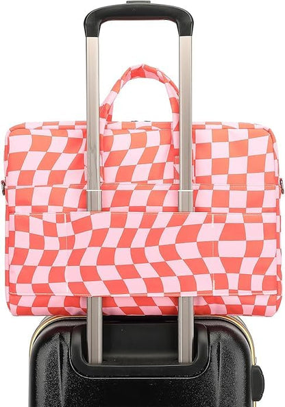 Muti-Pockets Laptop Briefcase Shoulder Bag Case,Rebound Bubble Cushioned Fits 15.6 inch-16 inch Laptop (Checkered) - color: Multicolor Floral, Pink