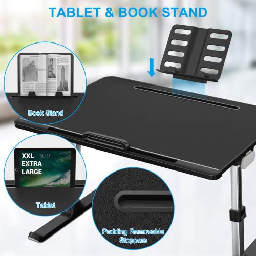 NEARPOW XXL Bed Table Tray, Adjustable Laptop Lap Desk for Couch, Gray | Bed desk for laptop and writing features anti-slip leather, 5 heights, 4 angles, book stand, a drawer & removable stopper - color: Black