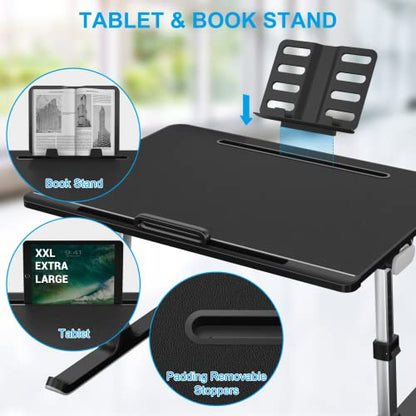 NEARPOW XXL Bed Table Tray, Adjustable Laptop Lap Desk for Couch, Gray | Bed desk for laptop and writing features anti-slip leather, 5 heights, 4 angles, book stand, a drawer & removable stopper - color: Black