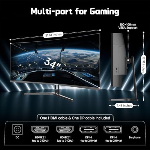 Hikers 34 Inch UWQHD 240Hz Curved Gaming Monitor, Curved Ultrawide Computer Monitor with 2×HDMI 2.1 & 2×DP 1.4, 21:9 PIP/PBP Fast VA, 131% sRGB AI Crosshair (G34H1Q Pro, Includes One HDMI 2.1 Cable) - size: 34