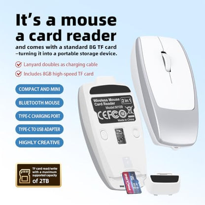 FMOUSE Portable 2-in-1 Wireless Bluetooth Mouse & Micro SD Card Reader | 8GB Card Included | USB-C Rechargeable | 3.07×1.49×0.87in | Compatible with Laptop Mac iPad Tablet | Remote Workers | Silver - color: Silver / With 8GB TF Card