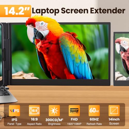 Laptop Screen Extender 14" FHD 1080P 0.17" Ultra Thin Portable Dual Travel Monitor Fits 13-17.3" Laptops, Plug & Play for Windows/Mac/Android/Chrome