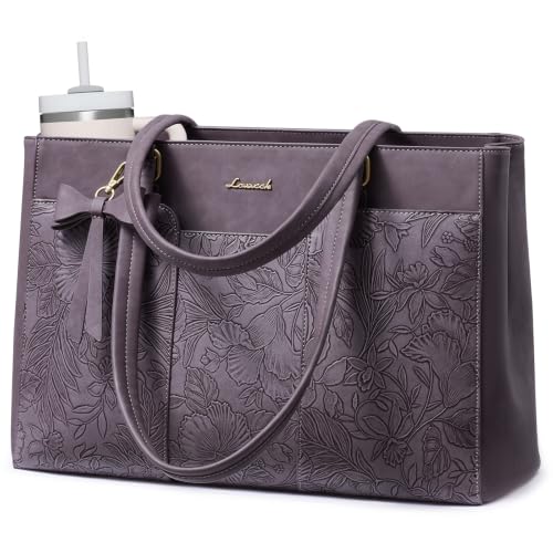 LOVEVOOK Laptop Tote Bag for Women,15.6 Inch Work Bags PU Leather Teacher Tote Bag,Waterproof Quilted Computer Bag for Office Professional Briefcase Gifts - color: Purple Embossed-a, size: 15.6 Inch