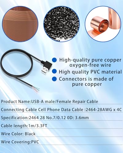 90 Degree Right Angle USB 2.0 Male to 4-Pin Bare Wire Adapter Cable, 4Pcs USB A to Bare Wire Converter DIY Repair Kit for Car Electronics/Industrial Devices