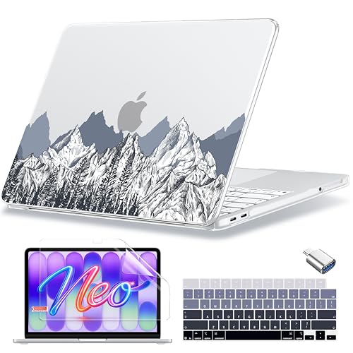 MecBevia Compatible with MacBook Neo Case 13 inch 2026 A3404 A18 Pro Chip | 4-in-1 Kit, Neo Hard Shell Case Cover & Keyboard Cover & Screen Protector & Type C, Mountain Sketch - color: Mountain Sketch