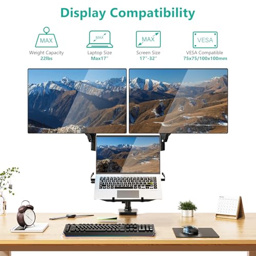 WALI Triple Arm Laptop and Dual Monitor Desk Mount for 17" Notebook and Up to 32" Screens, Adjustable Monitor Arms with Tilt Swivel Rotation, VESA 75x75 100x100, Black (GSDM003LP) - size: Triple, style: Fully Adjustable Desk Mount