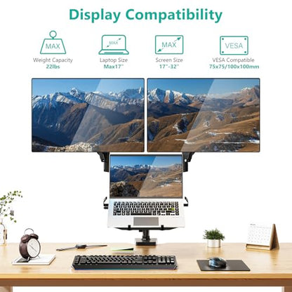 WALI Triple Arm Laptop and Dual Monitor Desk Mount for 17" Notebook and Up to 32" Screens, Adjustable Monitor Arms with Tilt Swivel Rotation, VESA 75x75 100x100, Black (GSDM003LP) - size: Triple, style: Fully Adjustable Desk Mount