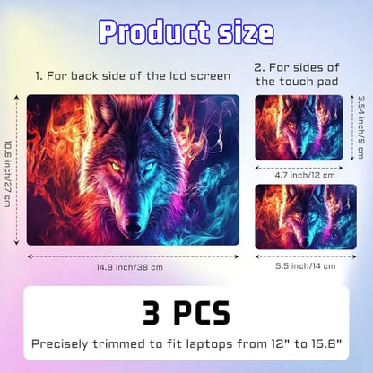 Universal Laptop Skin Sticker Decal, Compatible with MacBook HP Dell Lenovo 12"-15.6", Reusable Vinyl Notebook Cover 3PCS Set, High-Recognition Film-Wolf in Blue Orange Fire - color: Wolf in Blue Orange Fire