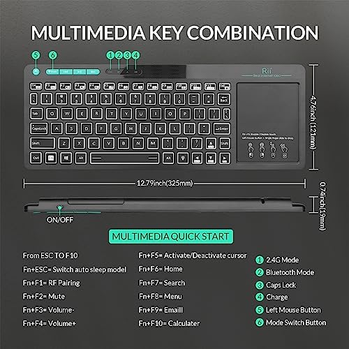 Rii (Dual Mode) RT518S Wireless and Bluetooth Multimedia Keyboard | 2-LED Color Backlit,with Multi-Touch Trackpad,Rechargable Keyboard for Android TV Box,PC,Tablets,Smart TV, HTPC, IPTV,Windows - style: dual mode Version