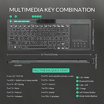 Rii (Dual Mode) RT518S Wireless and Bluetooth Multimedia Keyboard | 2-LED Color Backlit,with Multi-Touch Trackpad,Rechargable Keyboard for Android TV Box,PC,Tablets,Smart TV, HTPC, IPTV,Windows - style: dual mode Version