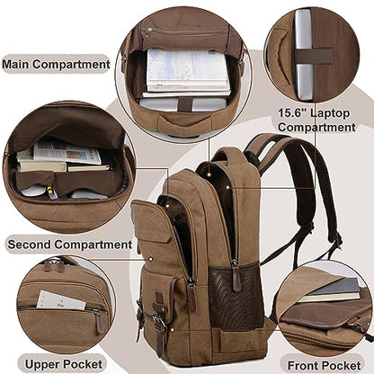 CROCOD Canvas Laptop Backpack, Vintage Daypack for Men Women,Travel Work Rucksack College Bookbag Computer Bag Fits 15.6 Inch Laptop (Coffee)