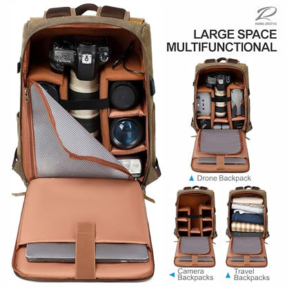 Padwa Lifestyle Khaki Professional Camera Backpack - Retro Crazy Horse Art Cowhide Canvas Large Camera Bag with Multi Camera&16” Laptop Thick Compartment,Weather Resistant Photography Backpacks - color: Khaki
