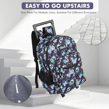 Tilami Rolling Backpack for Kids 18 Inch Double Handle Wheeled Bookbag for Boys & Girls for School & Travel,Butterfly - color: Butterfly