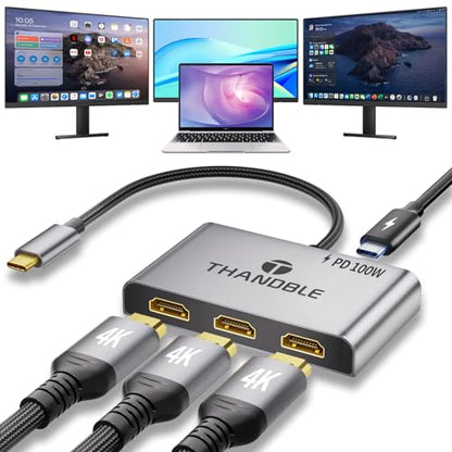 USB C to 3 HDMI Adapter with 100W PD Charging, Triple 4K60Hz Monitor Extender for Dell/Surface Pro/HP, HDMI Splitter Extended Display Hub, Plug & Play Laptop Multi-Screen Adapter