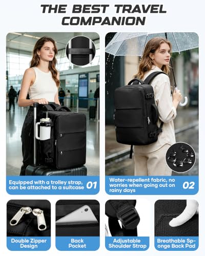 Travel Backpack for Women Men with Compression Vacuum Storage Bag & Electric Pump, Flight Approved Carry On Backpack, Frontier Spirit Airlines Personal Item Bag 18x14x8, Black - color: Black