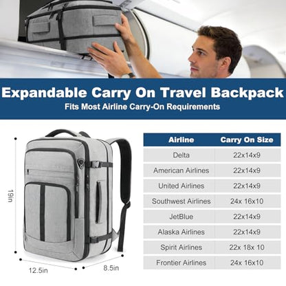 Travel Backpack,Carry on Backpack Expandable 40-50L with USB Cable Port,Fits 17.3 Inch Laptop Notebook,Water Resistant Business Travel Laptop Backpack for Men Women Weekend Trips,Daily Travel,Grey - color: Grey