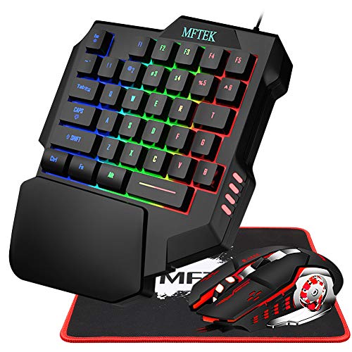 MFTEK One Hand Gaming Keyboard and Mouse Combo, RGB Rainbow Backlit One-Handed Mechanical Feeling Keyboard with Wrist Rest Support, USB Wired Keyboard Mouse and Mouse Pad Set for PC PS4 Gamer