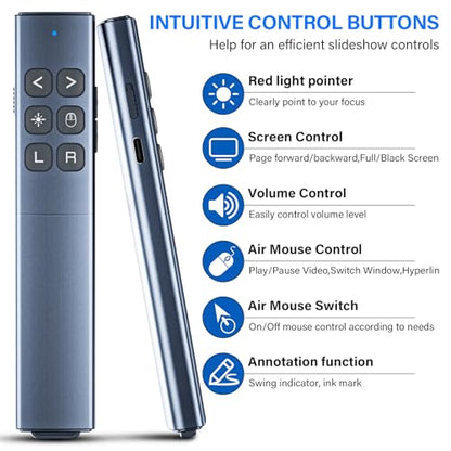 Presentation Clicker with Air Mouse - USB C Wireless Presenter Remote Clicker with Light Clicker, RF 2.4GHz PowerPoint Clicker for Presentation, Computer Clicker Slide Advancer for Mac,Laptop - color: Silver