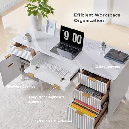 T4TREAM Fluted Executive Desk with Drawers, 60" Modern Home Office Computer Desk with Charging Station, File Cabinet, Keyboard Tray and Storage Cabinet for Study, Living Room, Bedroom, Solid White - color: Solid White