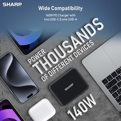 Sharp 140W USB C Charger, Compact Foldable GaN Fast Charge 3-Port (2 USB-C, 1 USB-A), Compact Foldable Wall Charger for MacBook Pro/Air, iPad Pro, iPhone 15/Pro, Galaxy S22/S21, Dell XPS, Black - color: Black