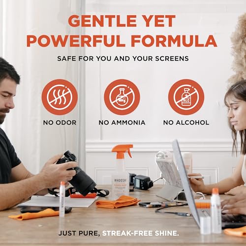 WHOOSH! Screen Shine Pro – Refillable TV Screen Cleaner & Cloth, 16.9 fl oz | Includes 14x14" Microfiber Cloth, For Flat Screens, OLED, LCD, Monitors, Streak Free Finish, Non Toxic & Odorless - size: 16.9 Fl Oz (Pack of 1)