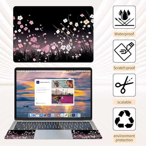 Laptop Skin Sticker 3-Piece Set,Pink Flowers | Trim-to-fit 3-piece vinyl set with one 15 x 10.6 in lid skin and two palm-rest decals for many 12-15.6 in laptops - color: Pink Flowers