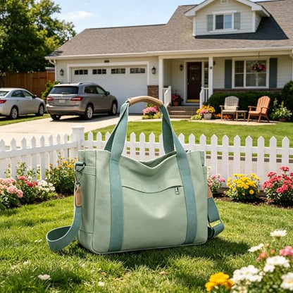 JARKJARD Canvas Crossbody Tote Bag for Women Laptop Work Handbag | Cute Aesthetic Shoulder Messenger Purse with Zipper Pockets and Compartments Great for Daily Travel and Office use - color: Green