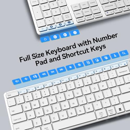 AUSDOM Full Size Bluetooth Keyboard, 2.4G Wireless Quiet Slim Keyboard, Multi Device Low Profile Silent Flat Keyboards with Numeric Keypad, Rechargeable Battery for Windows Mac iOS Computer, White - color: Snow White