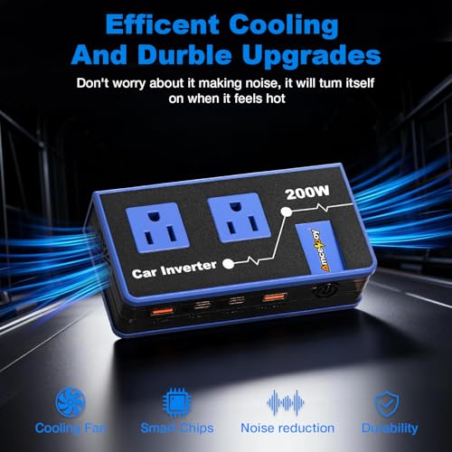 200W Car Power Inverter, Amcelooy Dual DC 12V to 110V AC Car Outlet Adapter to Wall Plug, Fast Charging 24W USB-C & USB Ports, Portable Charger Converter with for Laptops, Phones(Blue) - color: Blue