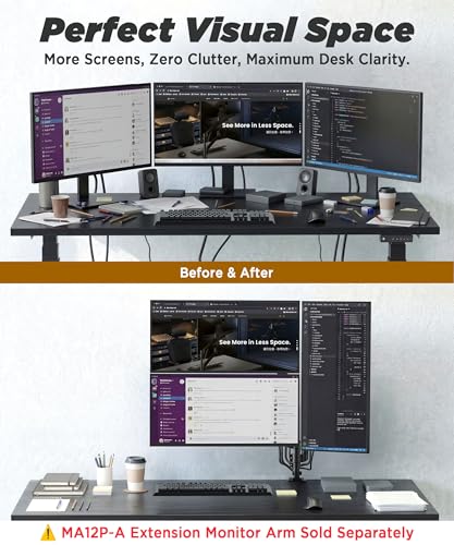 Extra-Tall Heavy-Duty Monitor Arm Mount for 40" Ultrawide Monitors | 33.4" Max Height, 26.4 lb VESA Capacity, C-Clamp & Grommet Mount, Height Adjustable, Long-Reach Ergonomic Arm, Black, MA12P-S - size: Sinlge Monitor Arm