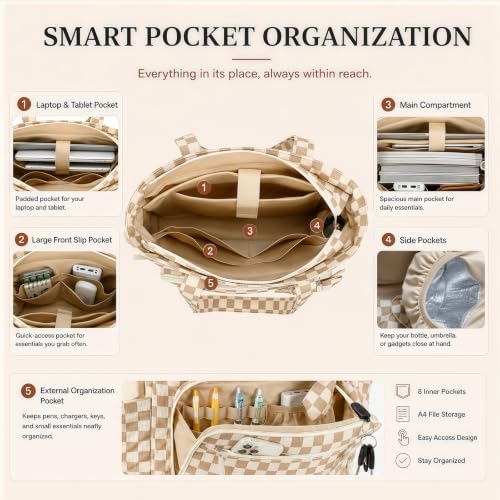 BTOOP Work Tote Bag for Women, Laptop Tote Bag With 15.6 Inch Padded Compartment, Teacher Nurse Bible Bags - color: Beige Checkered
