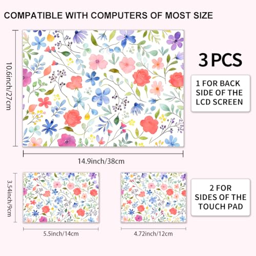 3Pcs Laptop Skin Sticker Decal Floral PVC Laptop Sticker Fits for 12-16 Inch Notebook Waterproof Scratch Proof Colorful Universal Notebook PC Personalized Protector Gift - style: Covered with wild flowers