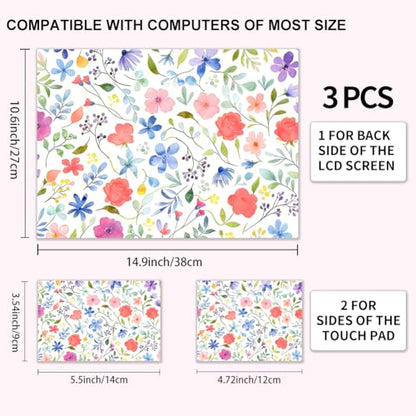 3Pcs Laptop Skin Sticker Decal Floral PVC Laptop Sticker Fits for 12-16 Inch Notebook Waterproof Scratch Proof Colorful Universal Notebook PC Personalized Protector Gift - style: Covered with wild flowers