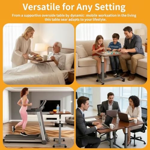 Adjustable Overbed Table with Wheels, Pneumatic Height Lift Rolling Bedside Table, Standing Desk for Home & Office Use, Ideal for Seniors & Limited Mobility(Walnut Brown) - color: Walnut Brown