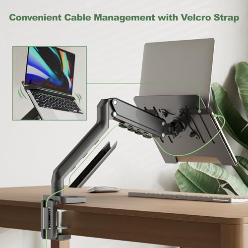 2-in-1 Gas Spring Laptop Desk Mount for 12"-17" Notebook/13"-32" Monitor | Full Motion Adjustable Laptop Desk Stand with Tray, Holds 3.3-17.6lbs, VESA 75/100MM, Clamp-on and Grommet Base