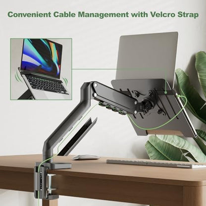 2-in-1 Gas Spring Laptop Desk Mount for 12"-17" Notebook/13"-32" Monitor | Full Motion Adjustable Laptop Desk Stand with Tray, Holds 3.3-17.6lbs, VESA 75/100MM, Clamp-on and Grommet Base
