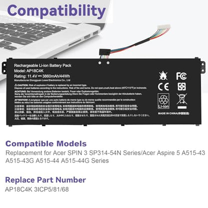 AP18C4K AP18C8K Battery for Acer Spin 3 SP313-51N SP314-54N,Aspire 5 A515-43 A515-43G A515-44 A515-44G A515-54 A515-54G A515-56 3ICP5/81/68,3INP5/82/70，KT0030G020,KT0030G020,KT00304012,KT00304012 - size: 9.8*3.38*0.31inch AP18C4K