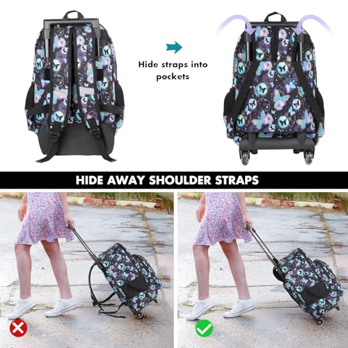 Tilami Rolling Backpack for Kids 18 Inch Double Handle Wheeled Bookbag for Boys & Girls for School & Travel,Butterfly - color: Butterfly