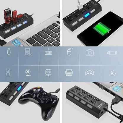7 Ports Powered USB Hub for Pc Multiple USB Port Splitter with LED Individual On/Off Switches Laptop Charging Strip Desktop USB Extender Hub USB Port Hubs for 7/ Vista/Xp/ 2000 and Mac (Black)