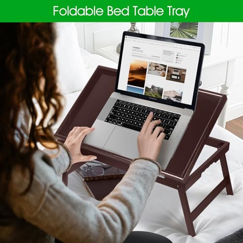 Bamboo Bed Tray Table with Foldable Legs & Ergonomic Handle, 17x12in Breakfast Tray for Eating, Laptop Desk, Sofa Snacking, Non-Slip Surface (Mahogany) - color: Mahogany