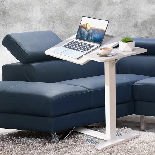 Adjustable Overbed Bedside Table with Hidden Wheels, Pneumatic Tilt Board Rolling Laptop Standing Desk Cart, Mobile Over Bed Sofa Chair Side End Tables, Walnut (White) - color: White