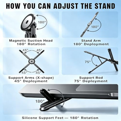 4-in-1 Foldable Laptop Stand with N52 Magnetic Phone Holder, Portable Aluminum Computer Stand for MacBook/ iPad/ Tablet, Adjustable Ergonomic Desk Stand for Home Office College Dorm & Travel Giftable