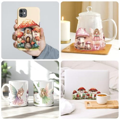 Mushrooms, Fairies UV DTF Cup Wraps, 10 Sheets Transfer Sticker | Waterproof UV DTF Stickers, Custom Vinyl Decals for 16oz Coffee Cups Tumblers Bottles Mugs, DIY Gifts & Crafts - style: Mushrooms and Fairies