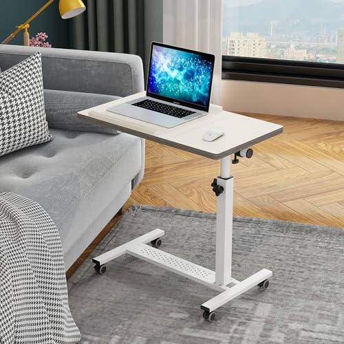 TigerDad Over Bed Table with Wheels, White | Adjustable, Rolling Laptop Table, Hospital Tray Table, Sofa Chair Side Table - color: White