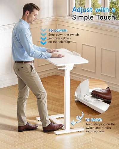 BIZUM Mobile Standing Desk Laptop Desk Pneumatic with Wheels 180° Tilt Top Hospital Bed Table Portable Rolling Cart Foldable Bedside Table for Hospital&Home Use, White - color: White